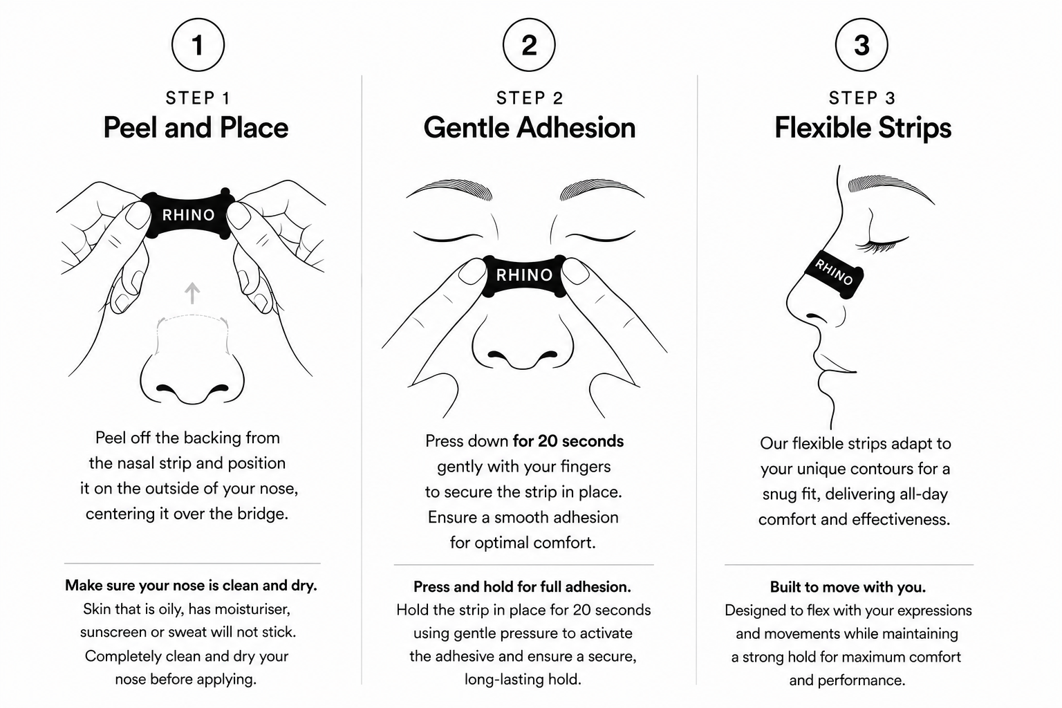 Three-step illustrated guide showing how to apply a Rhino Gear nasal strip in Australia: step 1 peel the backing and centre the strip over the bridge of a clean, dry nose; step 2 press down with two fingers for 20 seconds to seal the adhesive; step 3 the flexible strip sitting in place across the bridge of a sleeping face.